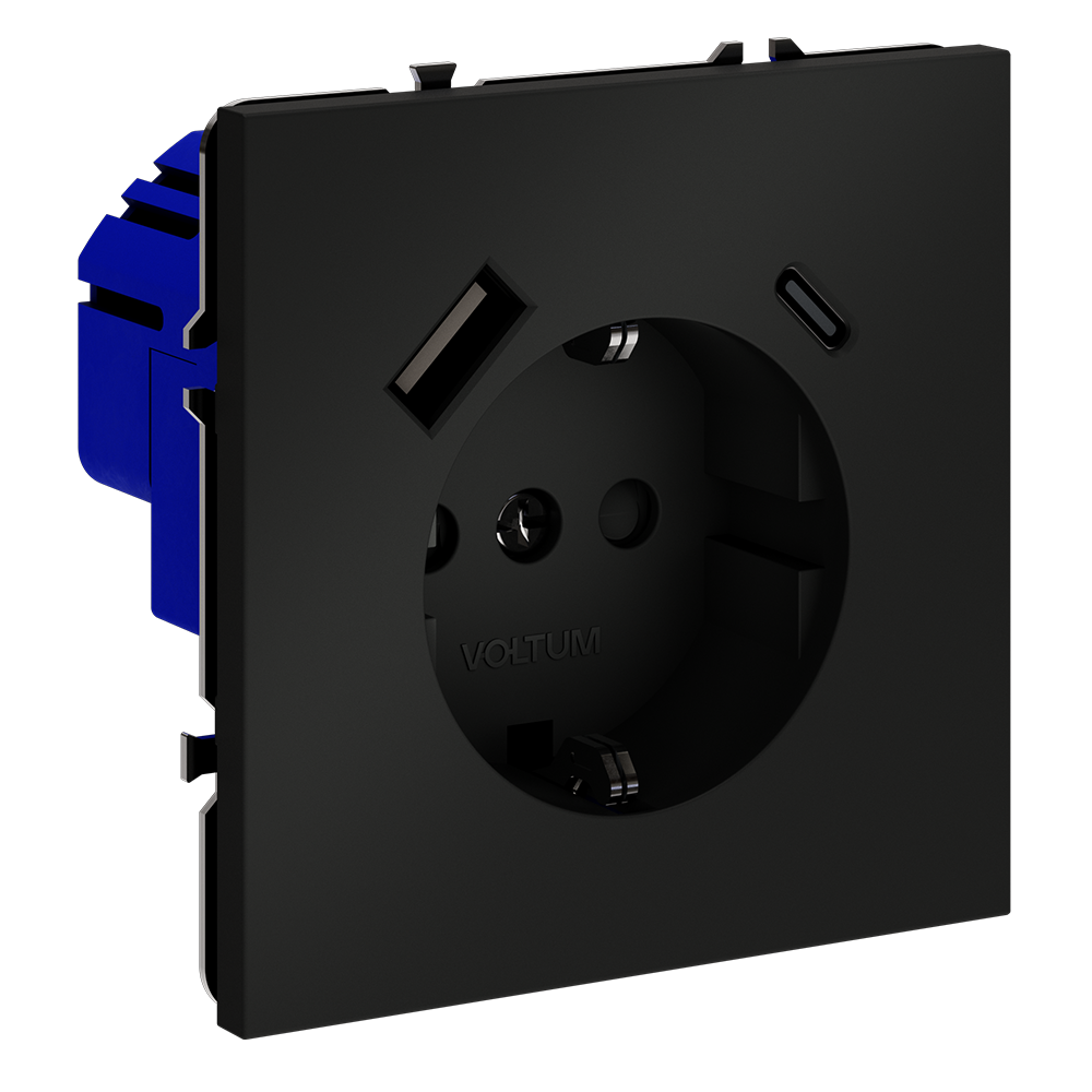 Розетка встраиваемая VOLTUM S70 с заземлением и защитными шторками, 16А, с USB, A+С, (черный матовый