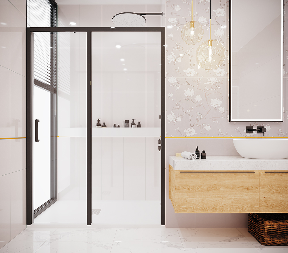 Боковая перегородка Creto Nota 122-SP-900-C-B-6 стекло прозрачное EASY CLEAN профиль черный, 90х200 см