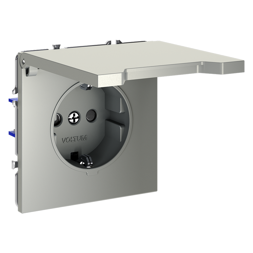 Розетка встраиваемая VOLTUM S70 с заземлением, защитными шторками и крышкой 16А, (сталь)