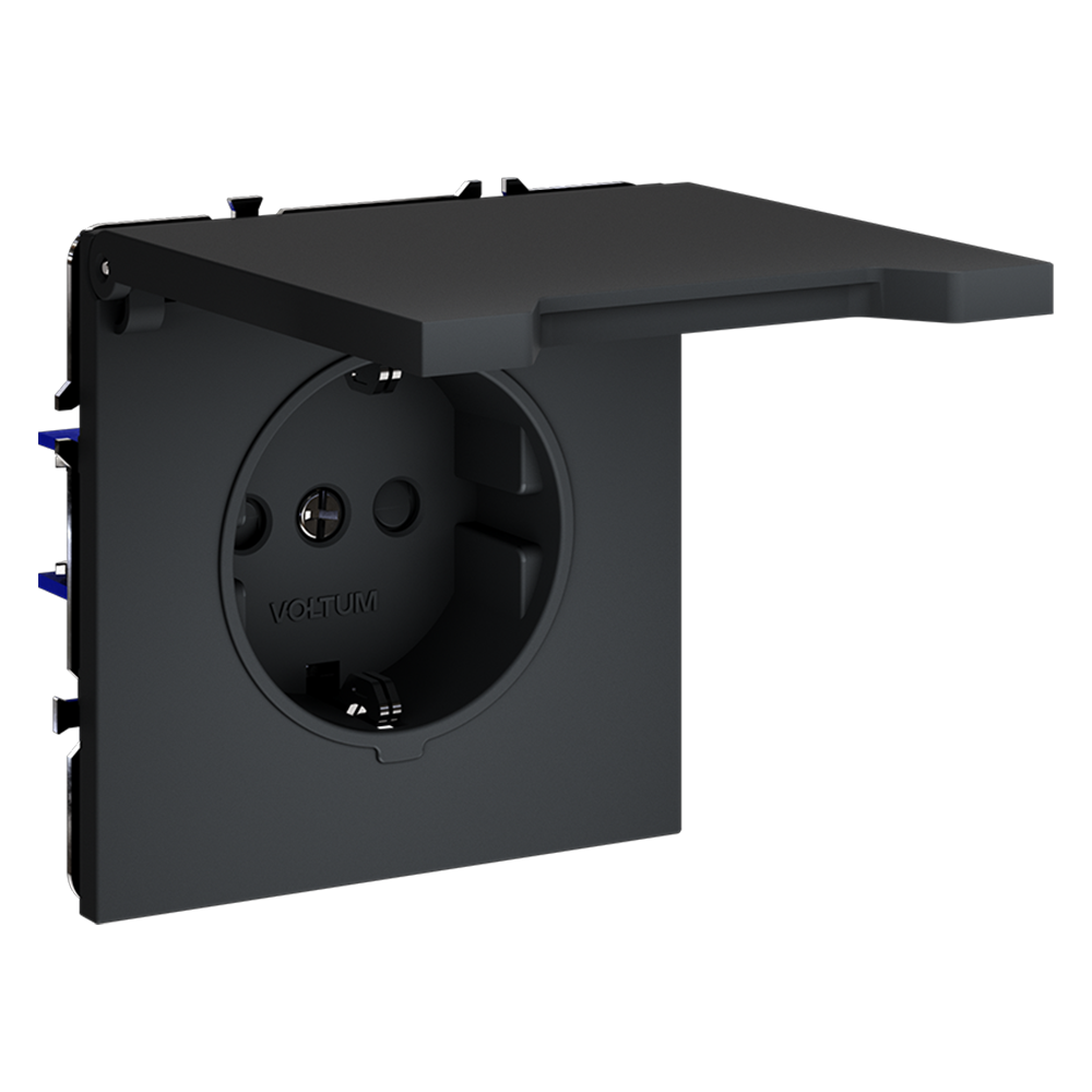 Розетка встраиваемая VOLTUM S70 с заземлением, защитными шторками и крышкой 16А, (графит)