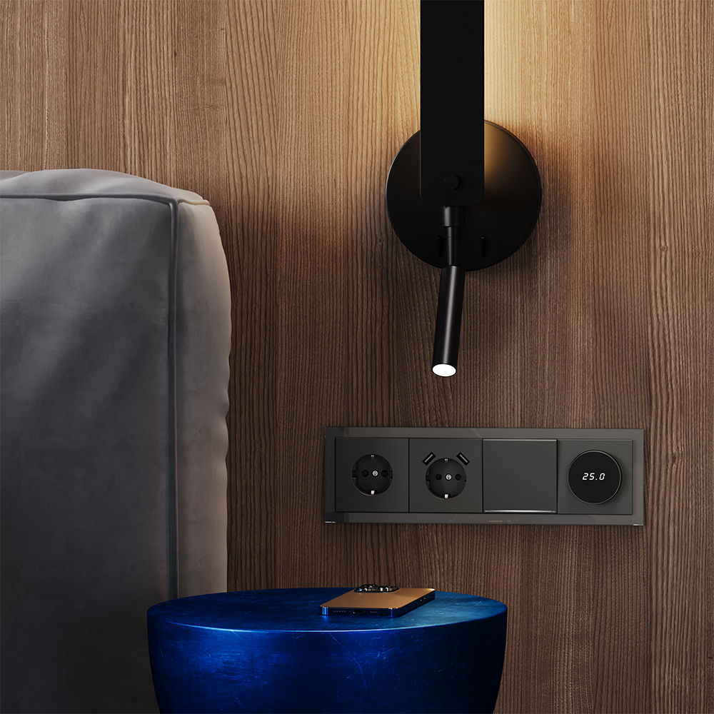 Выключатель встраиваемый VOLTUM S70 одноклавишный с подсветкой 10А, (титан)