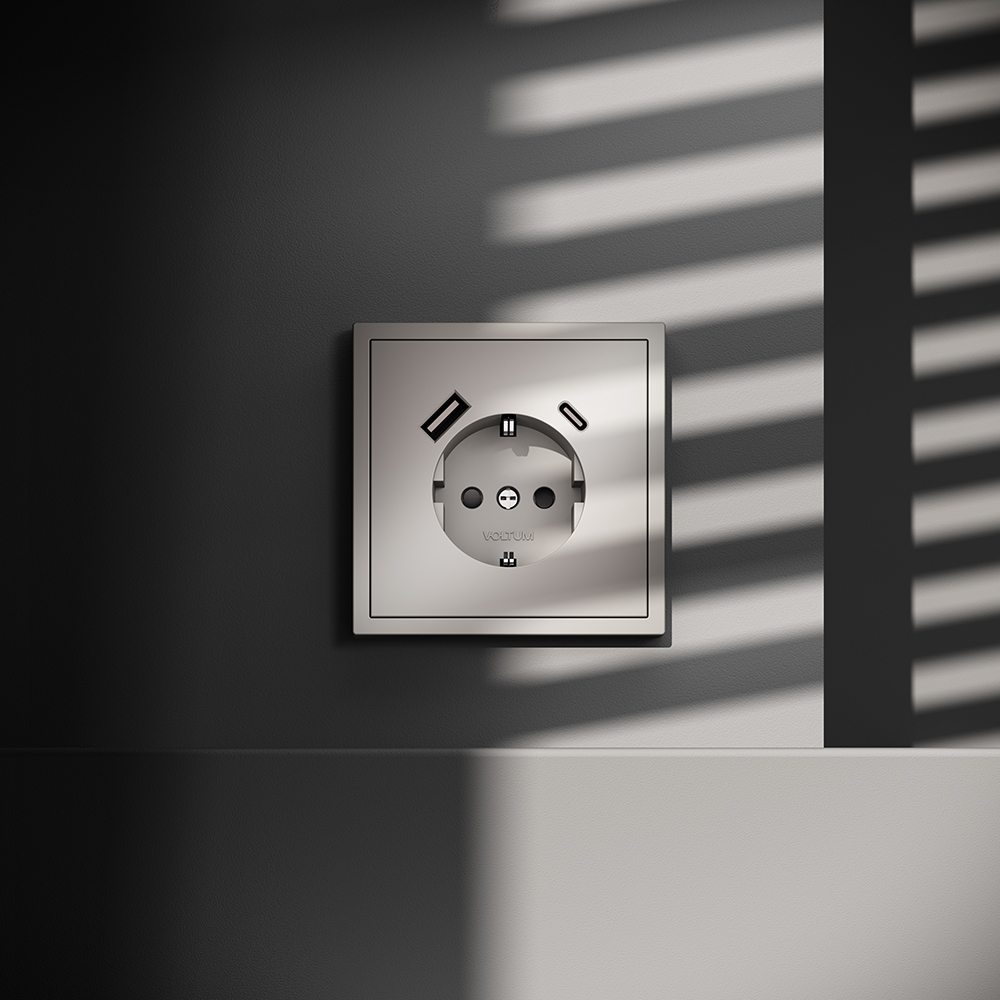 Розетка встраиваемая VOLTUM S70 с заземлением и защитными шторками, 16А, с USB, A+С, (кашемир)