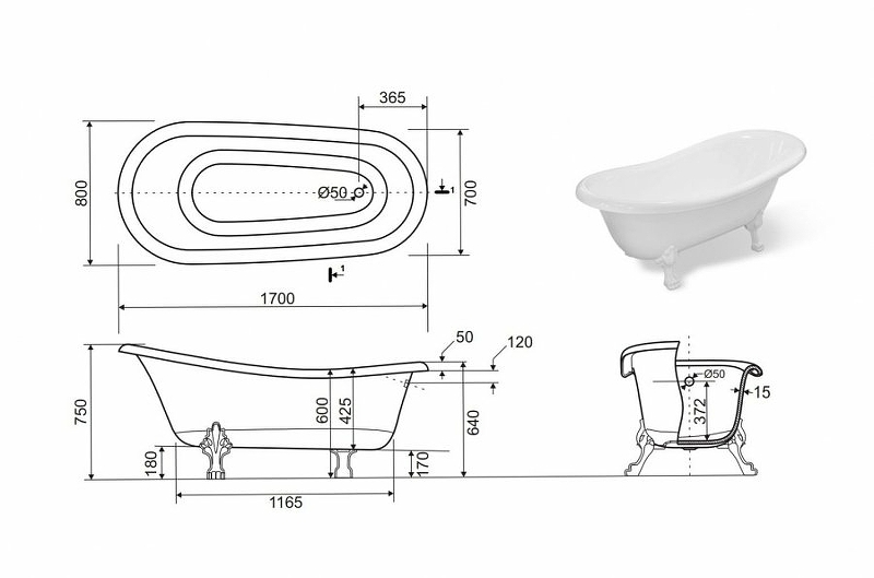 Ванна из литьевого мрамора 170х80 см Creto Corsica 24-1113 с золотыми ножками