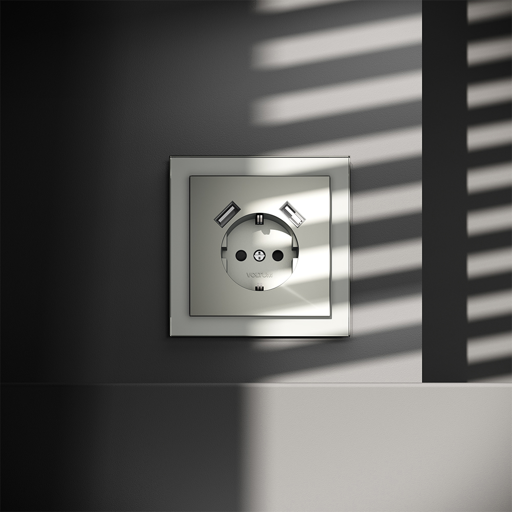 Розетка встраиваемая VOLTUM S70 с заземлением и защитными шторками, 16А, с USB, A+A, (сталь)