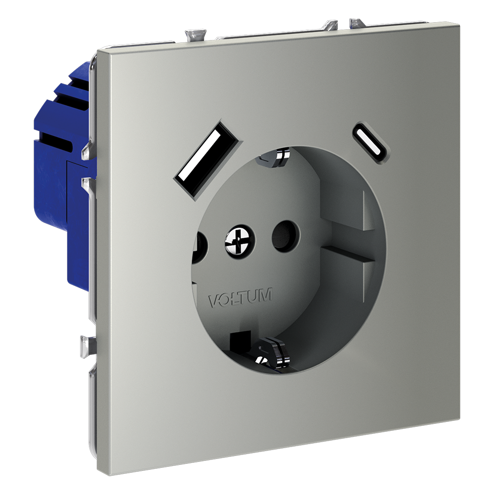 Розетка встраиваемая VOLTUM S70 с заземлением и защитными шторками, 16А, с USB, A+С, (сталь)